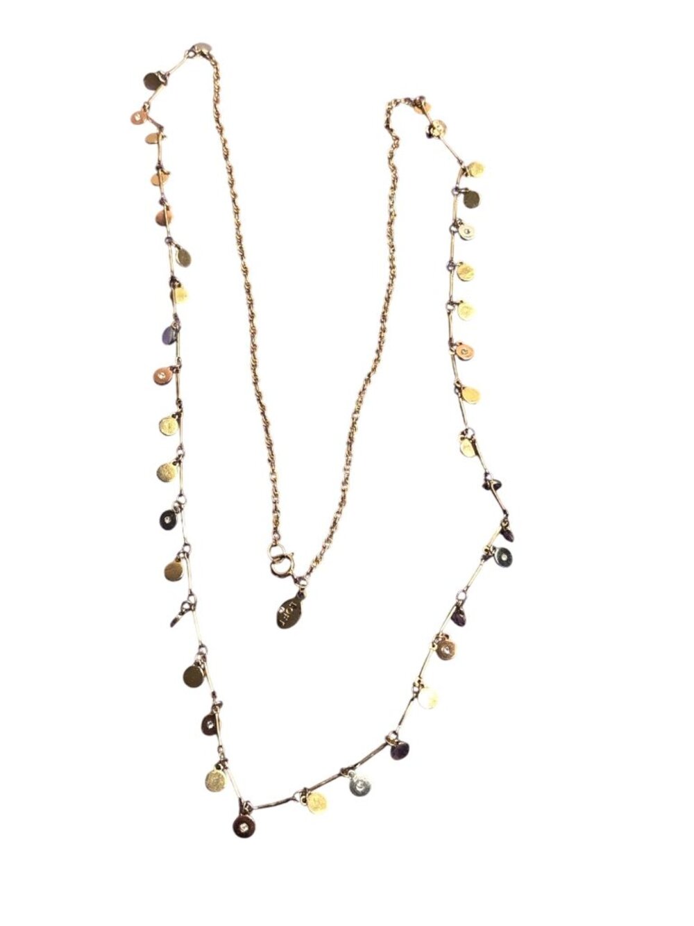 LOFT Goldtone Chain Circle Fringe Necklace Clear Rhinestones Spring Ring Clasp